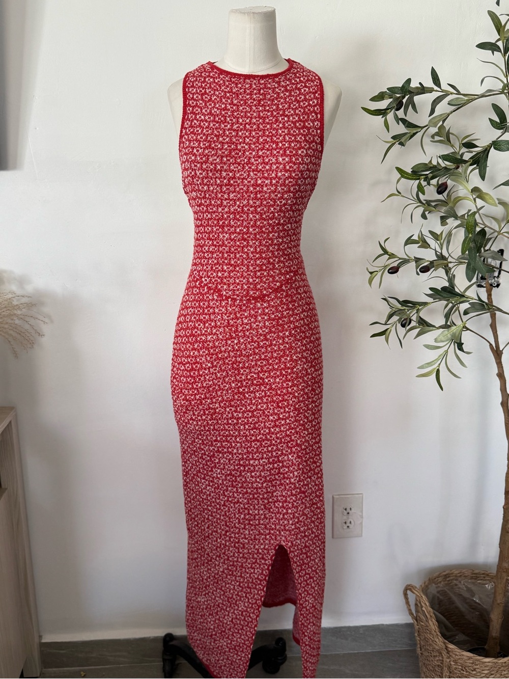 FP Beach Free People Red White Open Back Knit Maxi Dress Size M